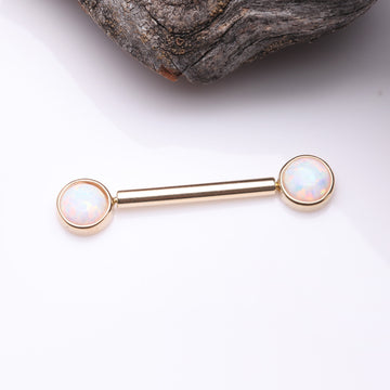 Detail View 1 of A Pair of 14 Karat Gold OneFit Threadless Round Fire Opal Bezel Set Nipple Barbell-White Opal